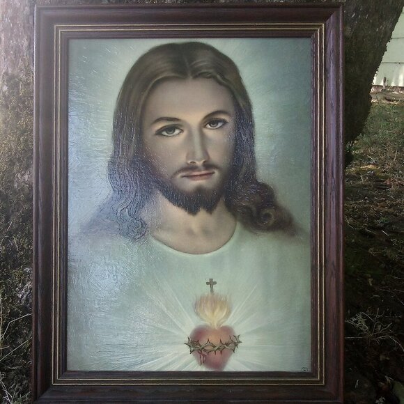 Vintage 60s Jesus Christ Sacred Heart Christian Religious Portrait Framed - Picture 1 of 7